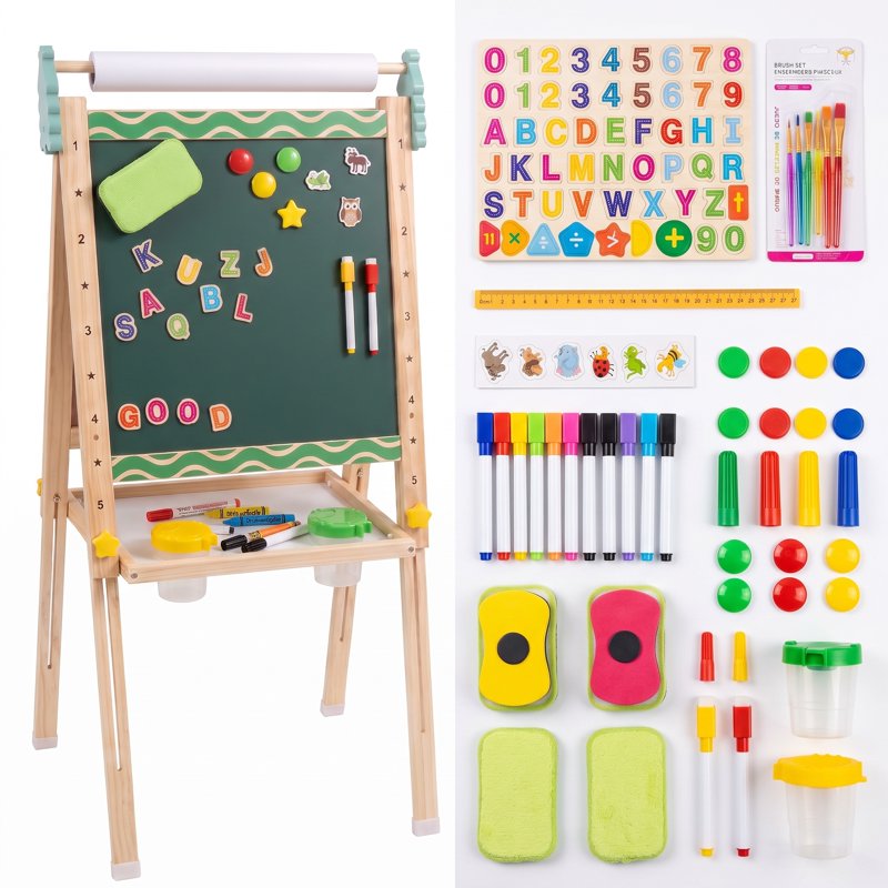 Kids Art Easel with Magnetic Whiteboard Chalkboard & Paper Roll - Adjustable 3-in-1 Wooden Drawing Stand for Toddlers