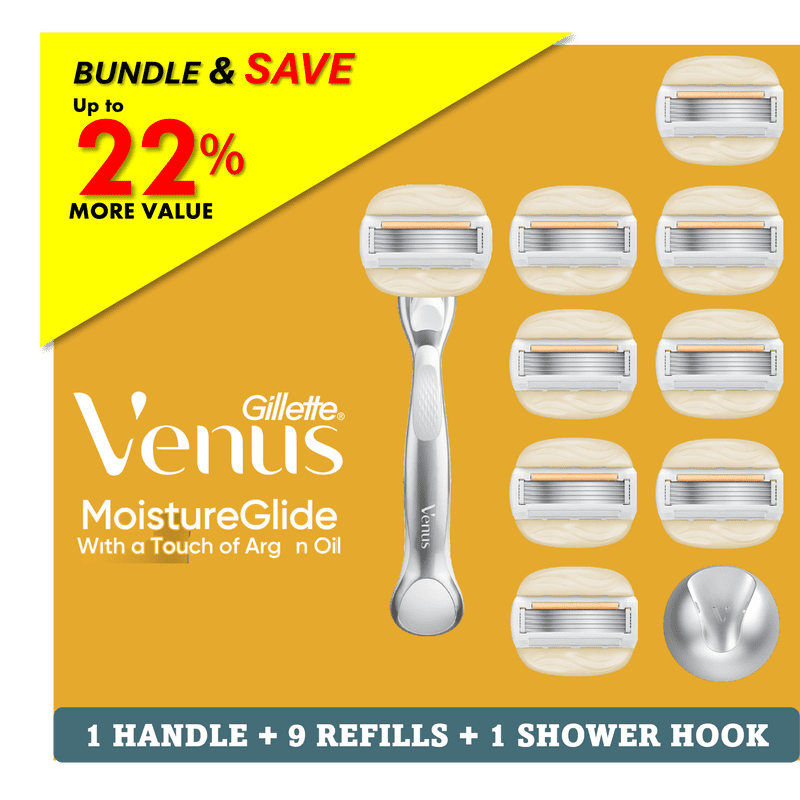 Venus MoistureGlide Manual Razor Bundle with 9 Blade Refills for Sensitive Skin