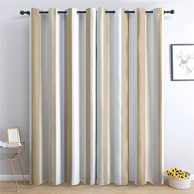 Blackout Vertical Striped Curtains for Bedroom & Living Room - Neutral Grommet Drapes - Pack of 2