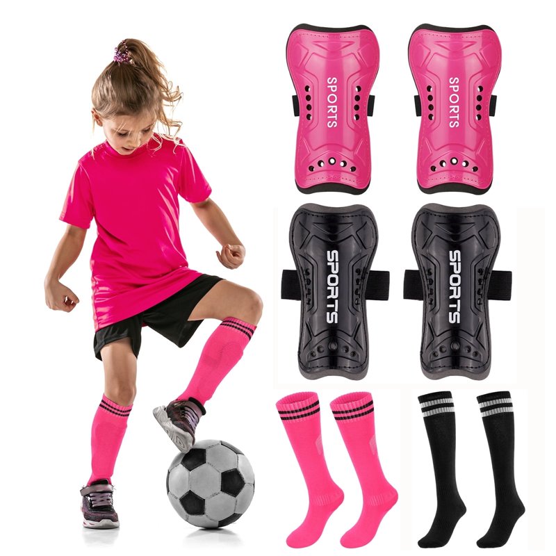 2 Pairs Kids Soccer Shin Guards & Socks Set - Lightweight Protective Shin Pads, 3-15 Years, Black & Rose Red