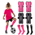2 Pairs Kids Soccer Shin Guards & Socks Set - Lightweight Protective Shin Pads, 3-15 Years, Black & Rose Red