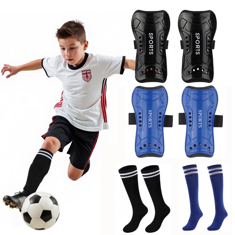 2 Pairs Kids Soccer Shin Guards & Socks Set, Lightweight Youth Shield for 3-15 Years, Black & Blue (Variation: L, 2 Pair)