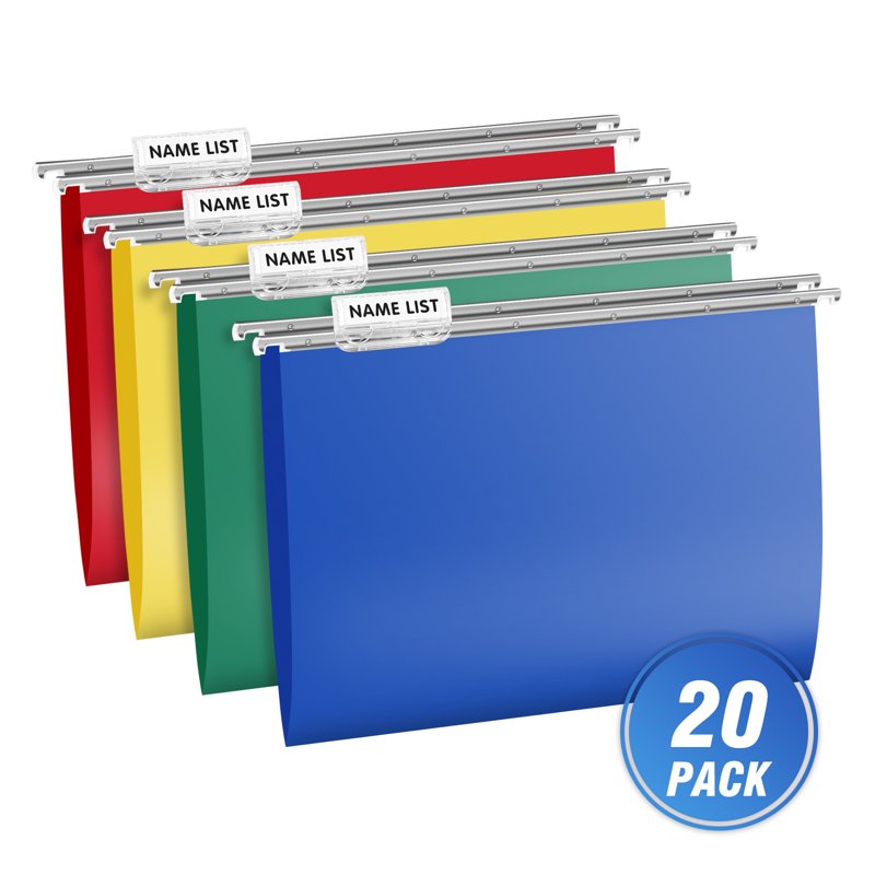 Heavy Duty Plastic Hanging File Folders with Metal Hook - Letter Size, Adjustable Tabs, 20 Pack