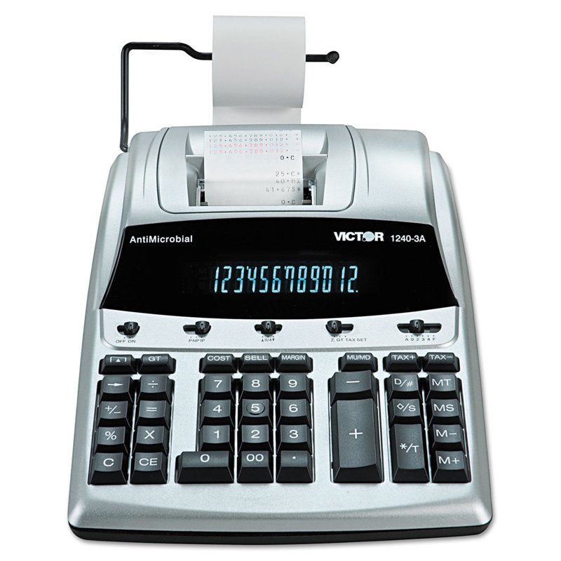 Office Calculator with Print Function, 12 Digits, AC Power, Black & Silver