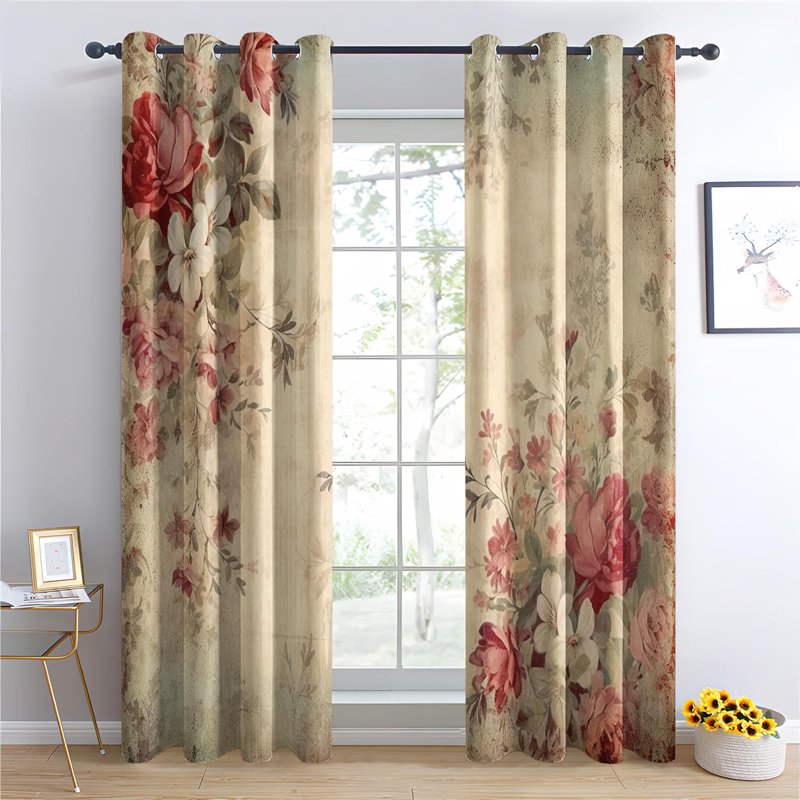 Vintage Floral Blackout Curtains - Rustic Country Style Thermal Insulated Drapes for Bedroom & Living Room - Pack of 2