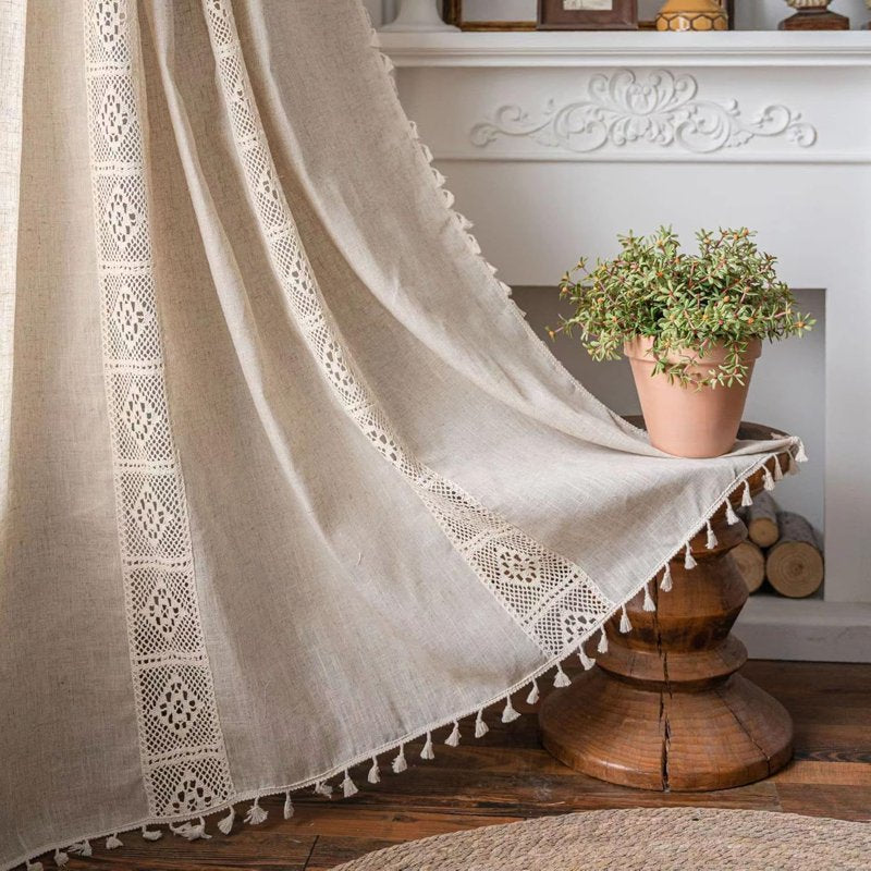Boho Bedroom Curtains Cream & Beige Cotton Linen Patchwork with Tassels - Semi-Blackout Window Panel