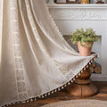Boho Bedroom Curtains Cream & Beige Cotton Linen Patchwork with Tassels - Semi-Blackout Window Panel