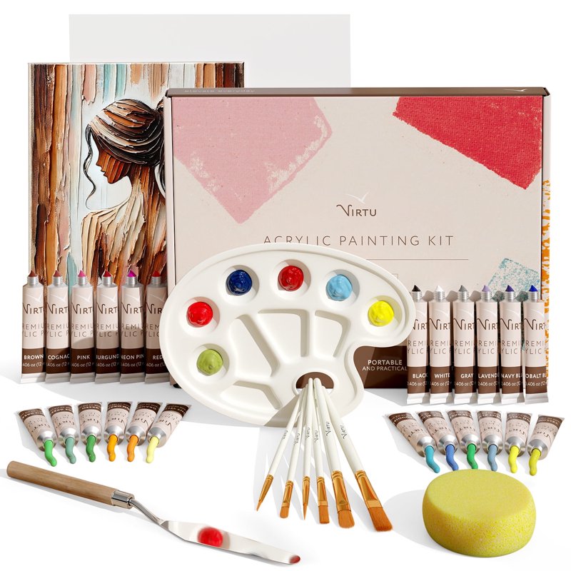 Acrylic Paint Set with 24 Vibrant Colors, Brushes, Canvases & Accessories