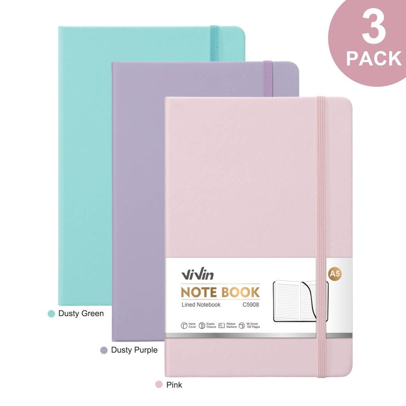 A5 Hardcover Leather Journal Notebook Set with Elastic Closure & Ribbon Bookmark