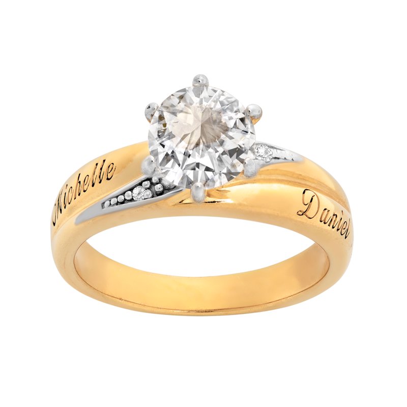 Personalized Bridal Wedding Ring with White Topaz & Diamonds - 14K Gold Plated Women’s