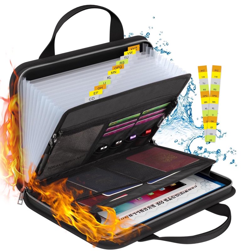 Fireproof Accordion File Organizer with 13 Pockets and Handle - A4 Document Storage