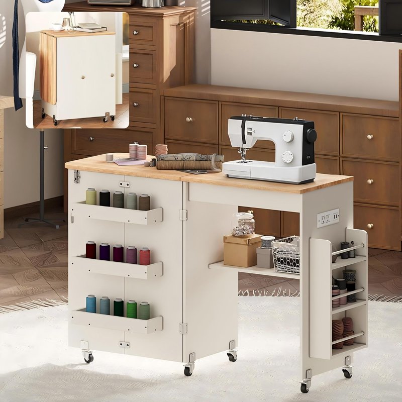 Foldable Sewing Table with Storage and Power Outlet — Space-Saving Craft Desk