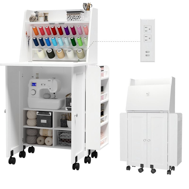 Sewing Table & Storage Cabinet with Power Outlets, Spool Racks, Lockable Wheels