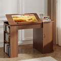 Wood Drafting Desk with Charging Station, Tiltable Surface & Storage