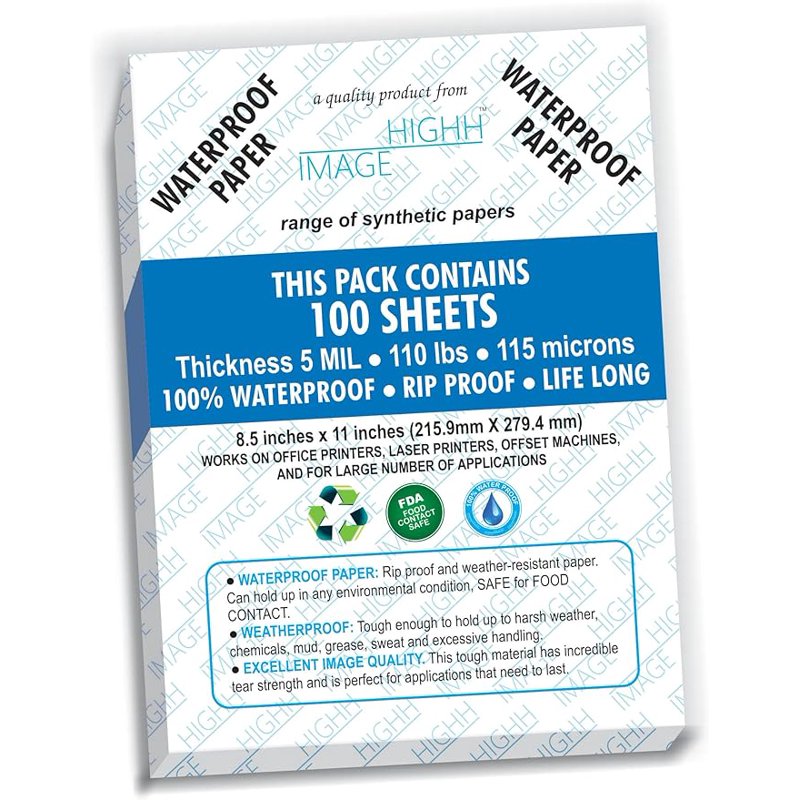 Waterproof Synthetic Paper for Laser Printers - 100 Sheets, 8.5x11, 5 Mil, Durable & Tear-Proof