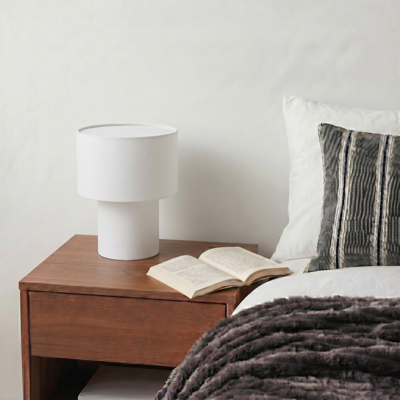 13-Inch White Linen Fabric Table Lamp with Inline Switch