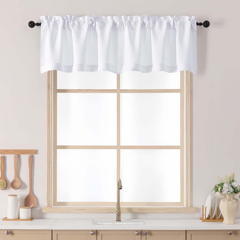 White Window Valance 14-Inch Length Kitchen & Bedroom Curtain, Rod Pocket Style