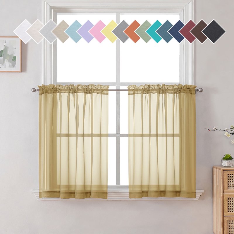 Gold Sheer Curtains 2 Pack - Light Filtering Voile Window Drapes for Kitchen & Bathroom