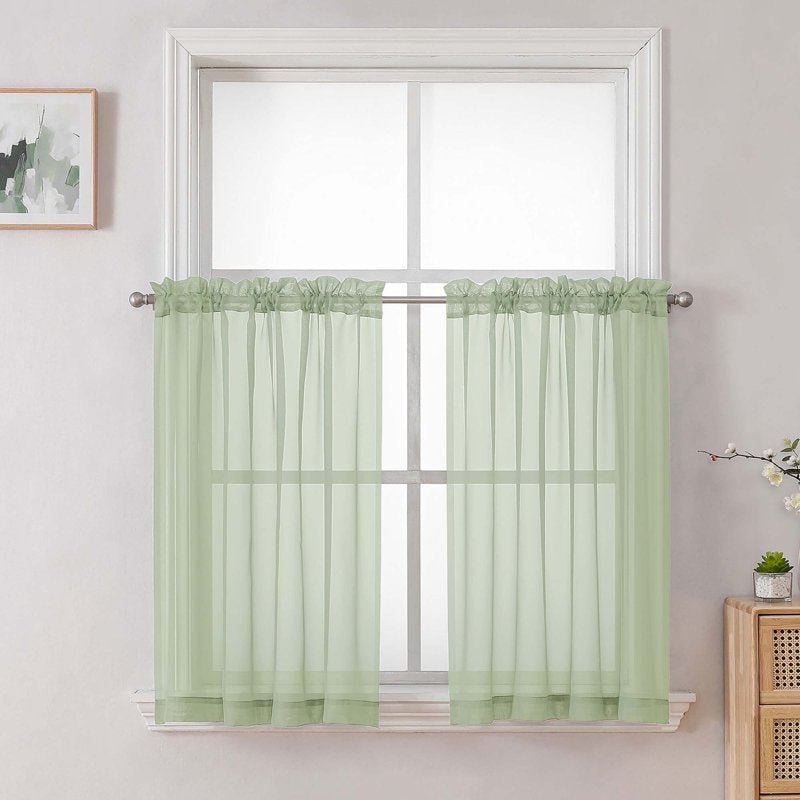 Light Green Sheer Curtain Set 42x36 Inches for Small Windows and Kitchen