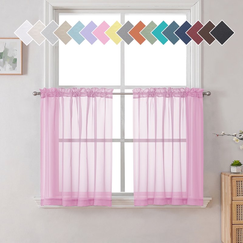 Pink Sheer Cafe Curtains 2 Pack - Light Filtering Voile Window Drapes
