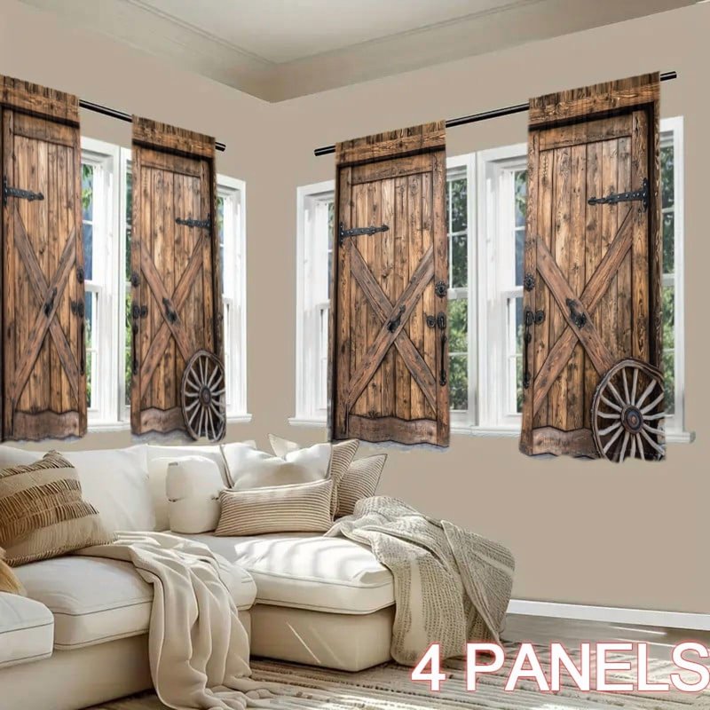 Wood Grain Barn Door Curtains Light Filtering for Living Room & Bedroom