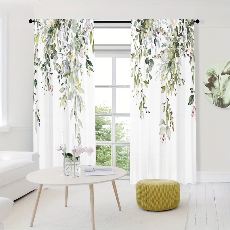 Green Flower & Leaf Print Light-Filtering Curtain Set for Bedroom & Living Room