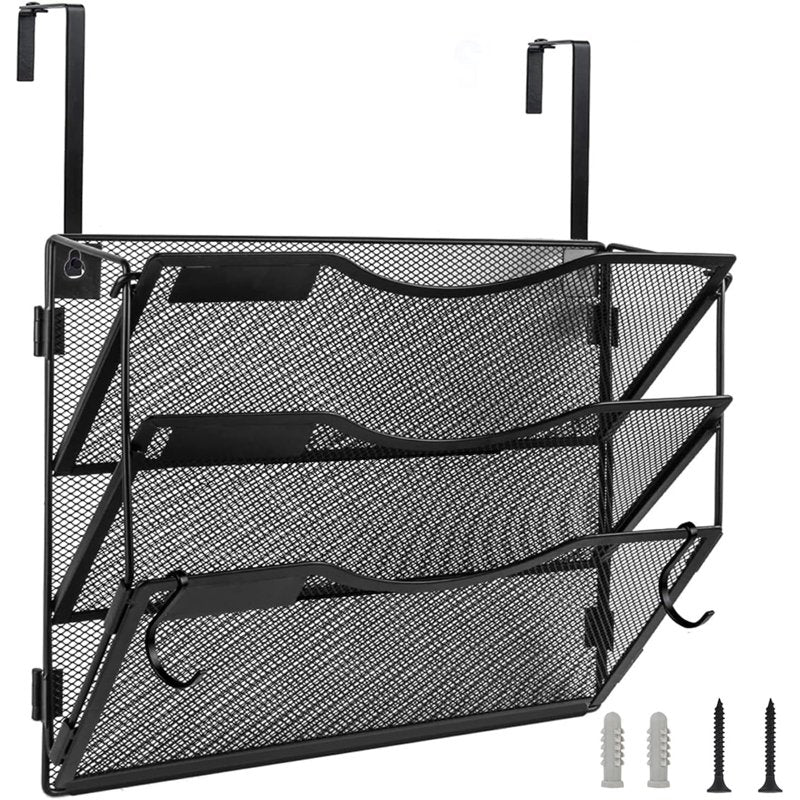 Wall File Organizer with 3 Pockets, Wall Mount or Hanging Folder Holder, Foldable Mesh Office & Home Storage