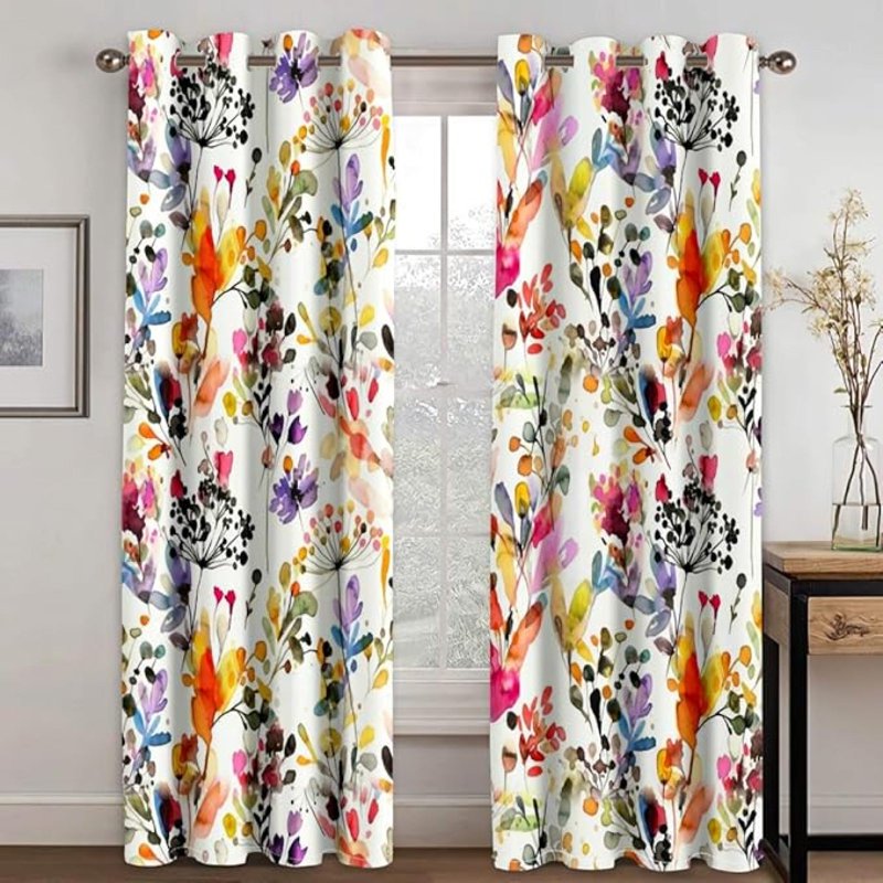 Watercolour Leaves Blackout Curtains - Thermal Insulated Boho Floral Window Drapes - Multiple Sizes