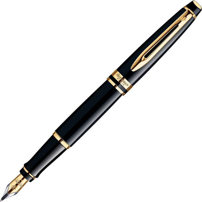 Waterman Expert Fountain Pen - Gloss Black with 23k Gold Trim - Medium Nib - Gift Box
