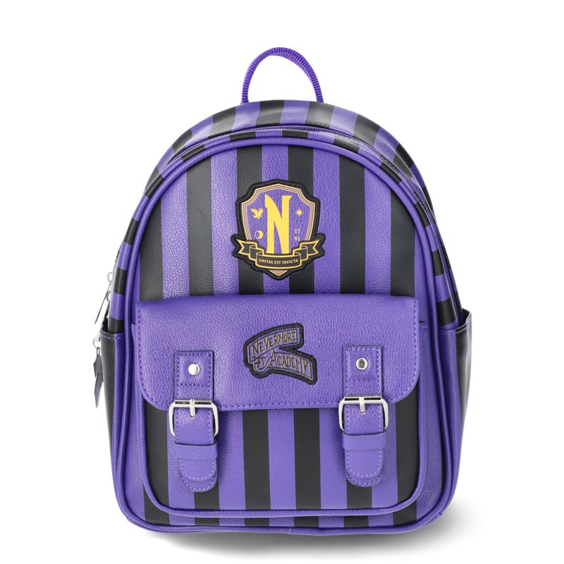 Women's Gothic Striped Mini Backpack with Wednesday Crest - Purple and Black