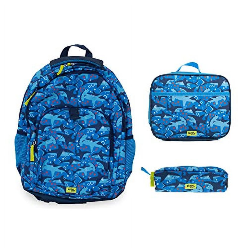 Kids' Shark Backpack Bundle with Lunch Box & Pencil Pouch - Water-Resistant & Adjustable Straps