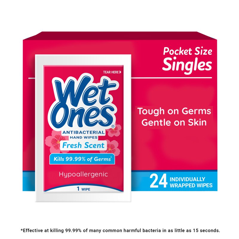 Antibacterial Hand Wipes with Fresh Scent - Pack of 24 Individually Wrapped