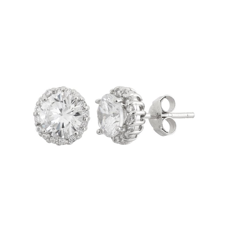 Sterling Silver 7mm Round CZ Halo Stud Earrings - White