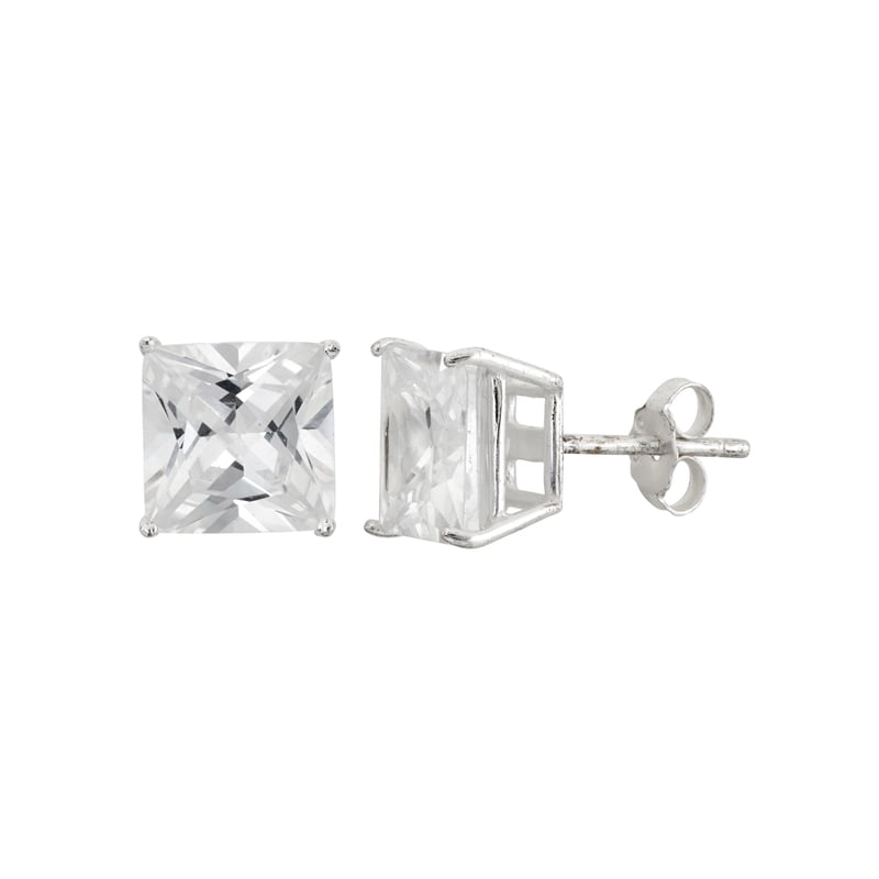 Sterling Silver 8mm Square CZ Stud Earrings - White