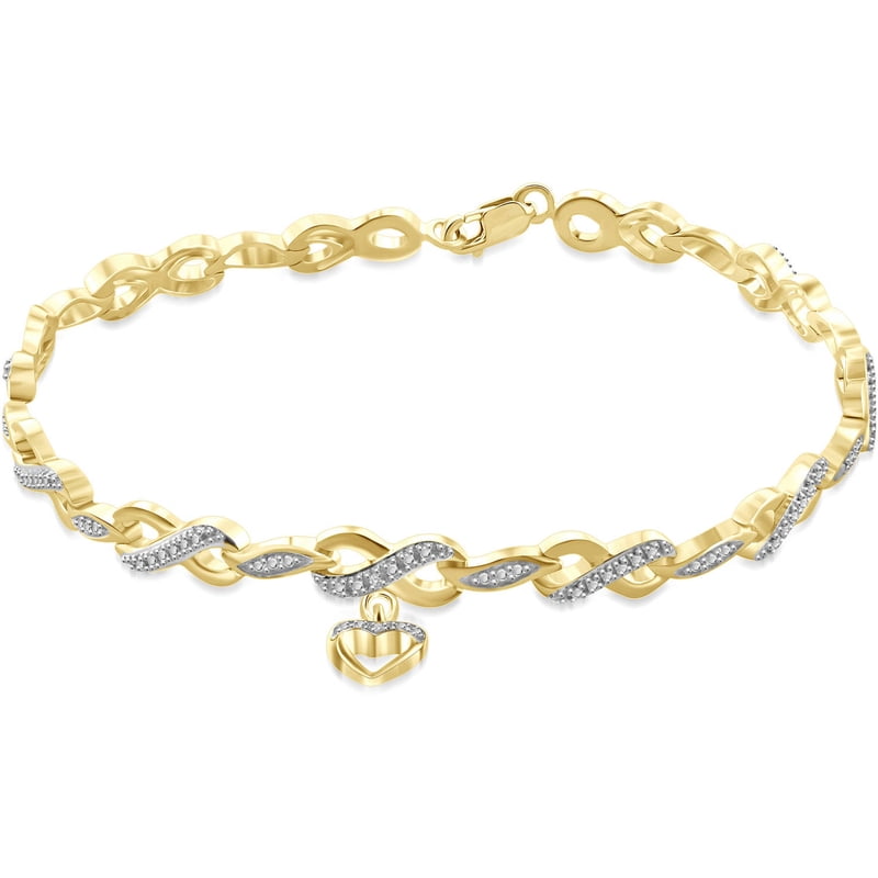 Heart and Infinity Bracelet with White Diamond Accents - 14k Gold-Plated, 7.75 Inch Beaded Links