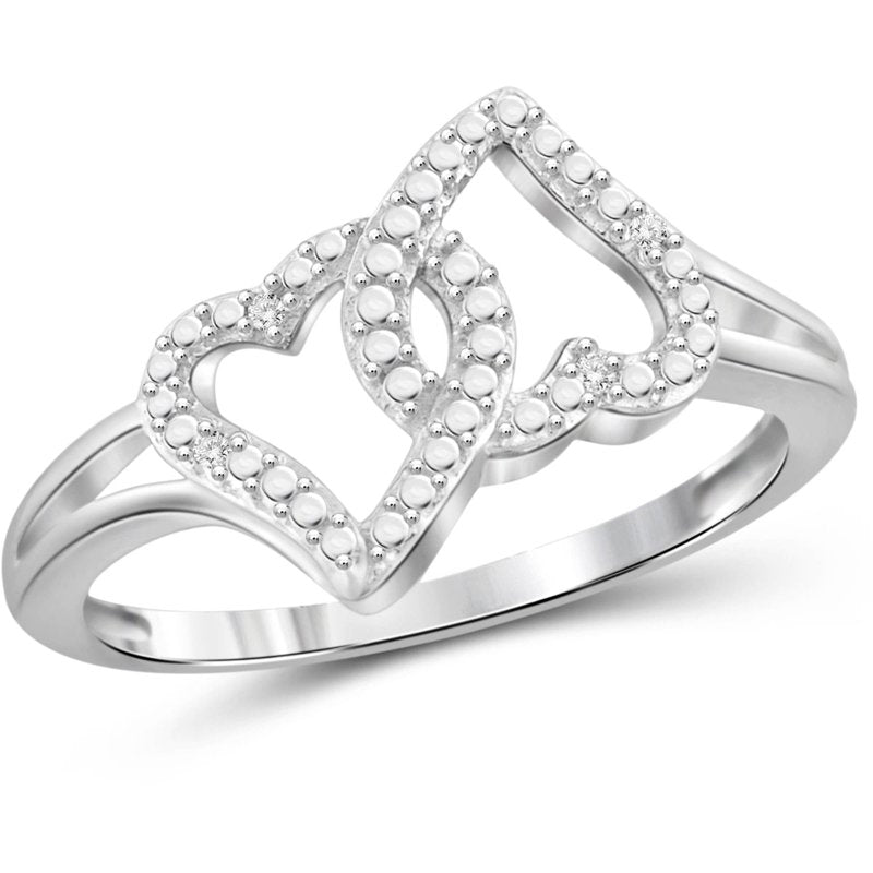 Sterling Silver Double Heart Ring with Diamond Accents - Size 8