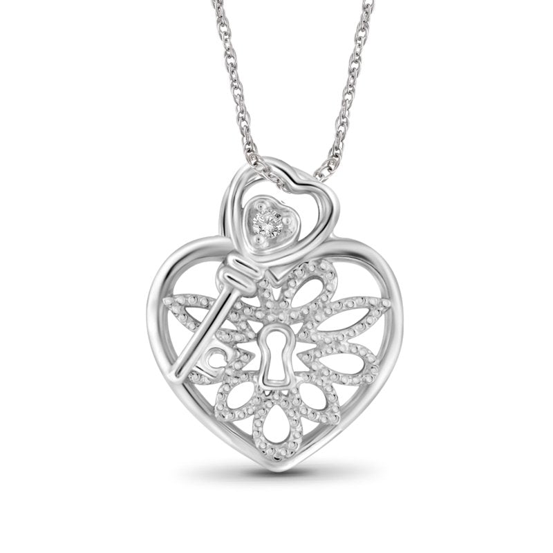 Sterling Silver Heart Pendant with Key and White Diamond Accents