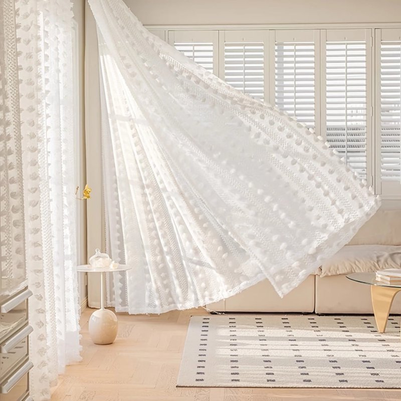 White Semi Sheer Curtain Panel Set - Boho Pompom Tufted Window Drapes for Bedroom & Nursery