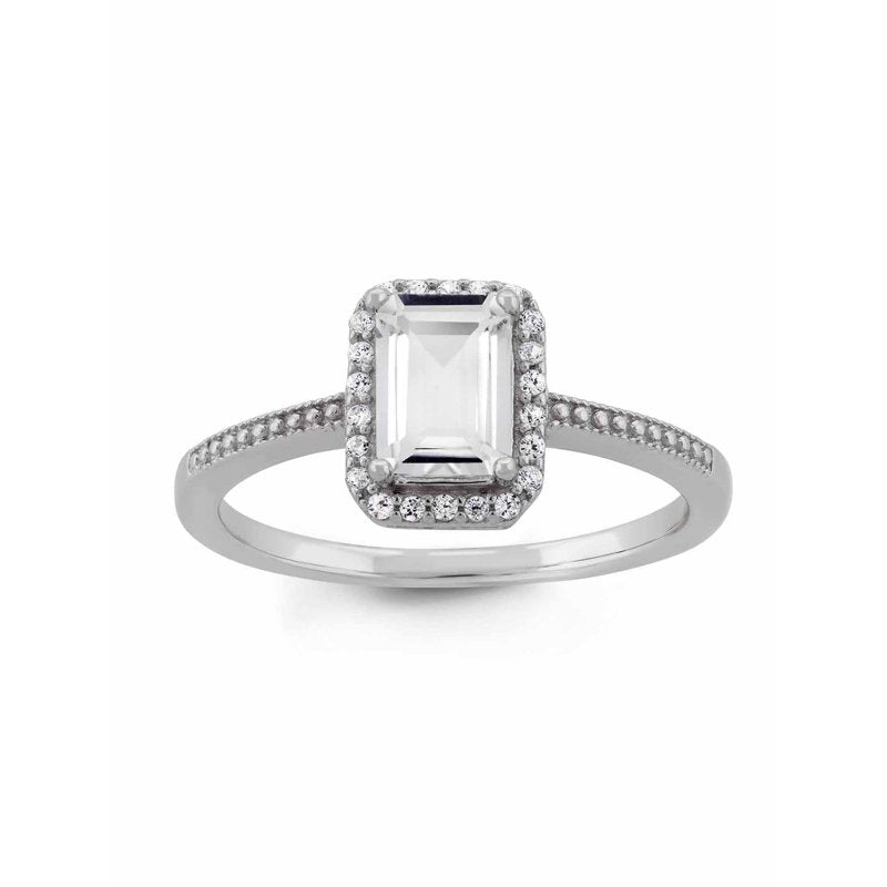 Sterling Silver White Topaz CZ Halo Ring with Emerald Cut Center