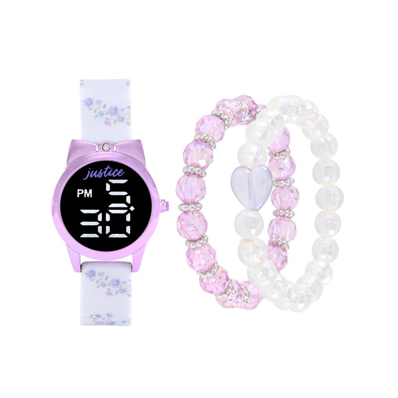 Girls White Floral Silicone Strap Digital Watch with Bow & Matching Bracelets