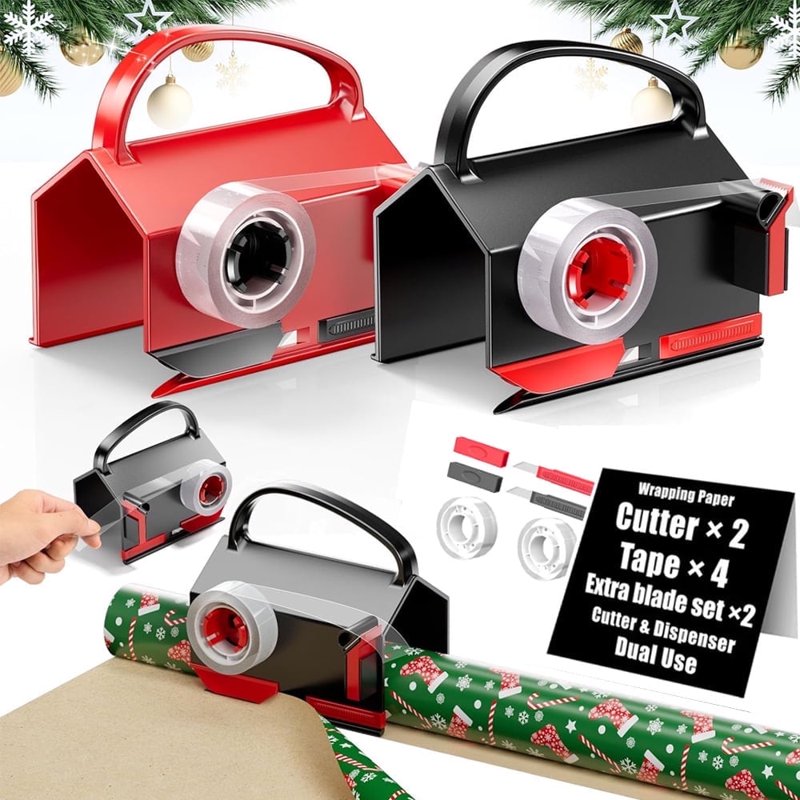 Wrapping Paper Cutter & Tape Dispenser Set - Safe, Easy Gift Wrap Tool with 4 Tapes & 2 Blades