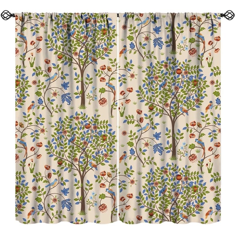 Vintage Bird & Owl Window Curtains Set of 2 - Middle Ages Style Room Drape