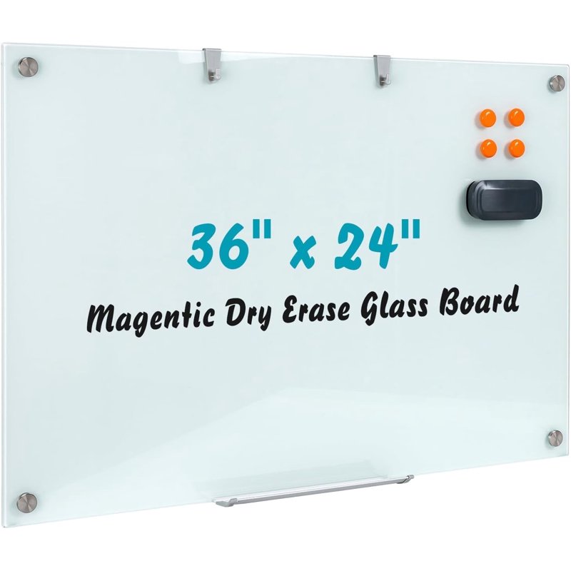 Glass Magnetic Whiteboard Frameless Wall-Mounted Dry Erase Board for Office & Home