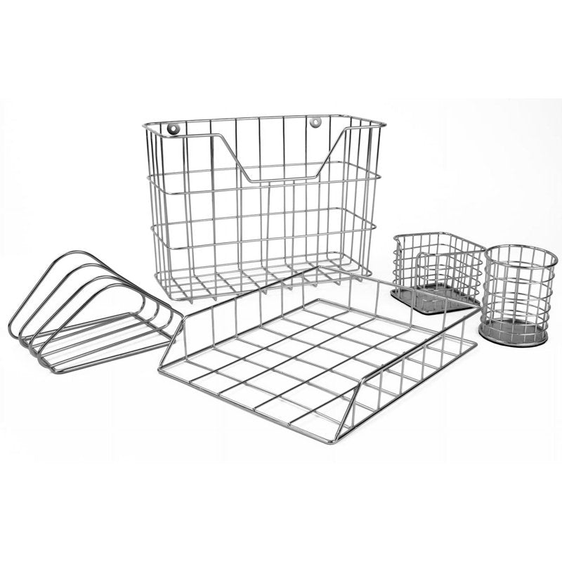 5-Piece Metal Desk Organizer Set - Silver Office Storage & Stationery Organizer