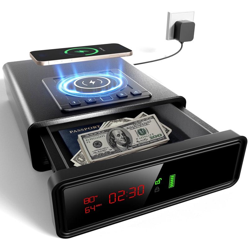 Biometric Safe with Wireless Charging and Digital Clock - Home Security Safe with Keypad