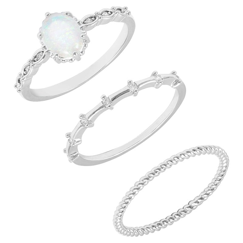 Women's Silver Opal Ring with Cubic Zirconia - Size 9