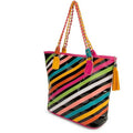 Women's Stripe Tote Bag with Multiple Carry Options - Colorful Faux Leather