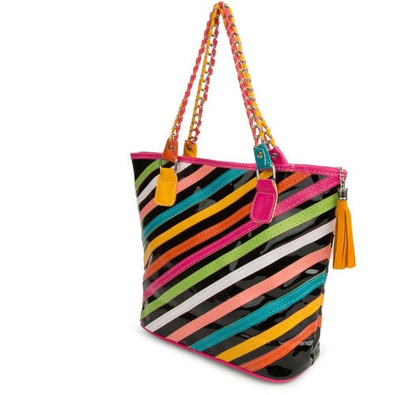Women's Stripe Tote Bag with Multiple Carry Options - Colorful Faux Leather