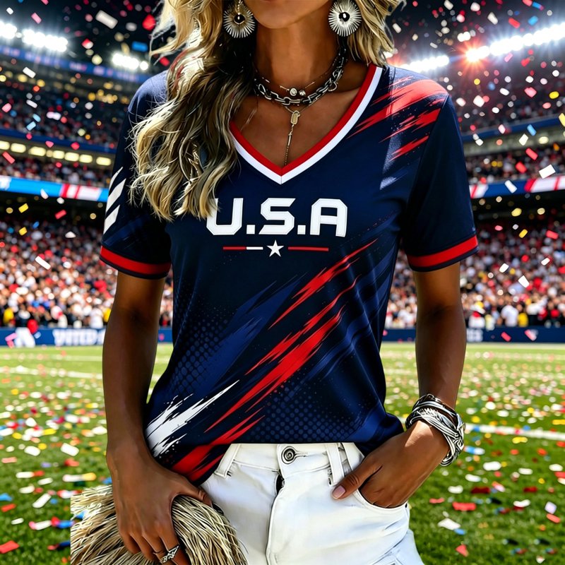 Women's Summer Soccer Cup V-Neck USA Flag Tee - Dark Blue, S