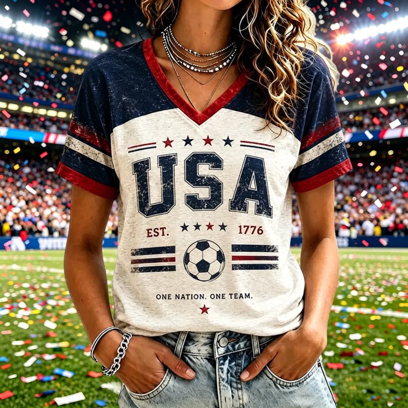 Royal Blue Women's Soccer V-Neck Tee - Short Sleeve American Flag Graphic